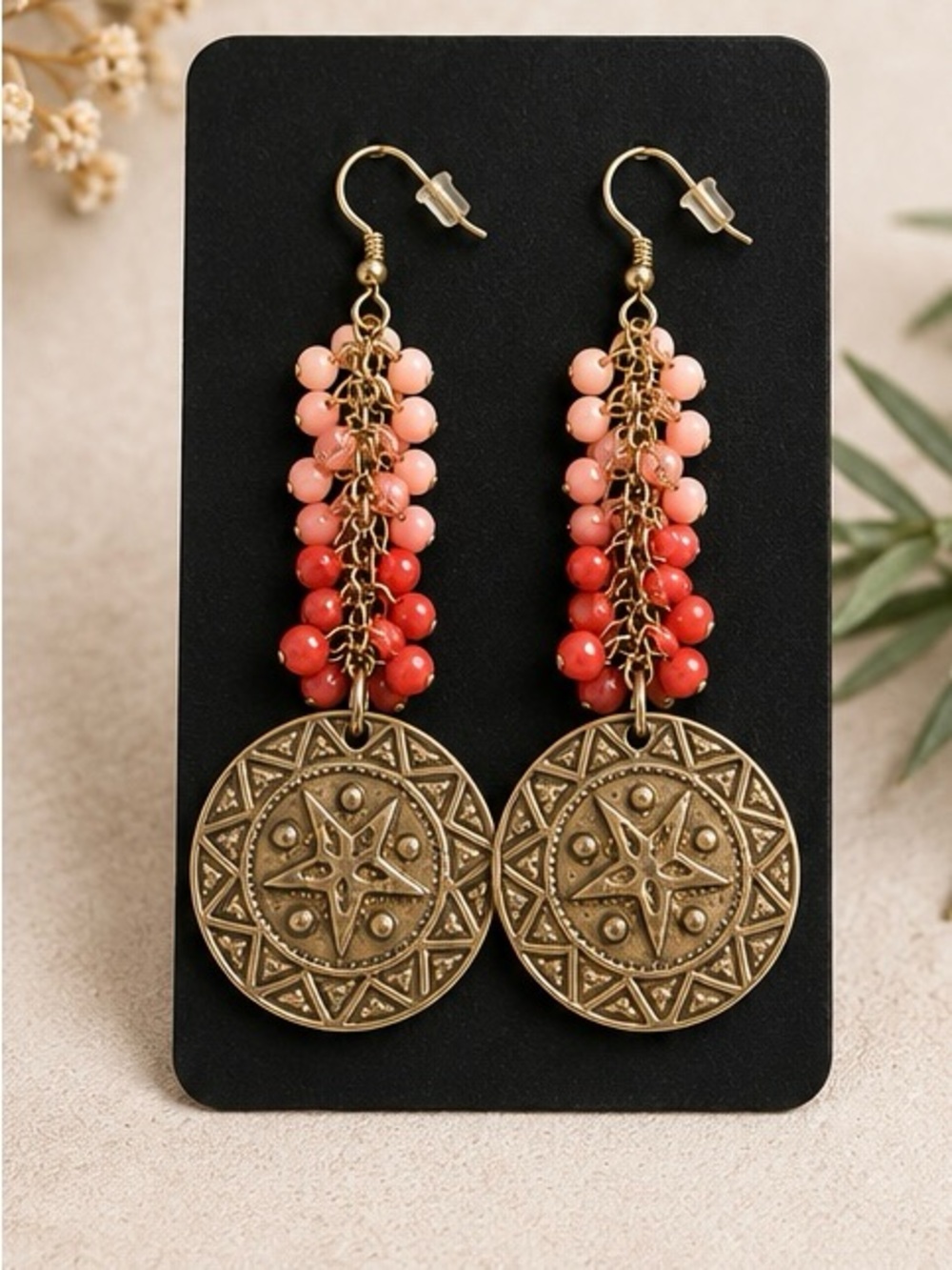 Boho tribal disc earrings with beautiful beads of pink and coral (J-0020)